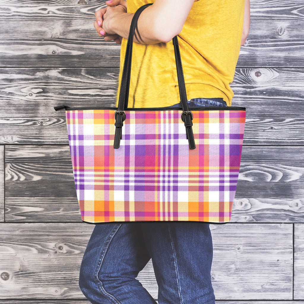 Purple And Orange Madras Plaid Print Leather Tote Bag