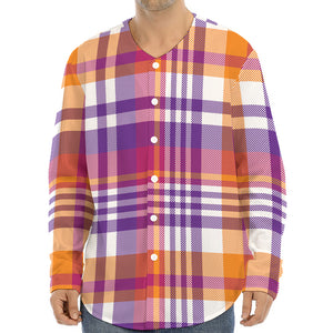 Purple And Orange Madras Plaid Print Long Sleeve Baseball Jersey