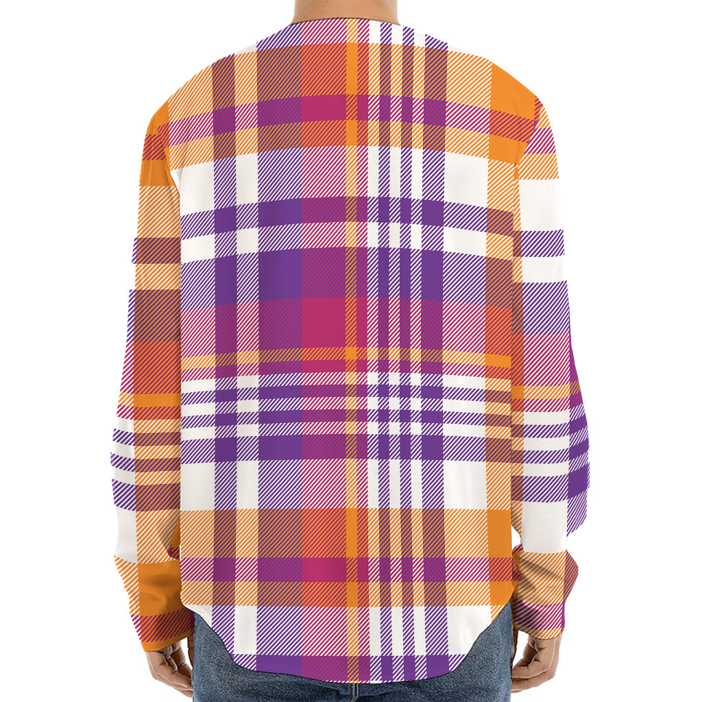 Purple And Orange Madras Plaid Print Long Sleeve Baseball Jersey