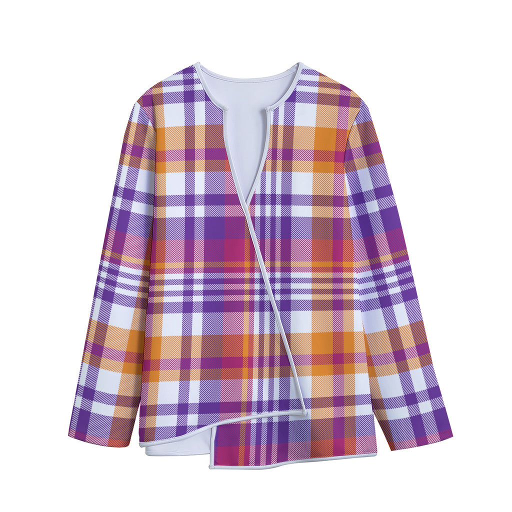 Purple And Orange Madras Plaid Print Long Sleeve Short Coat