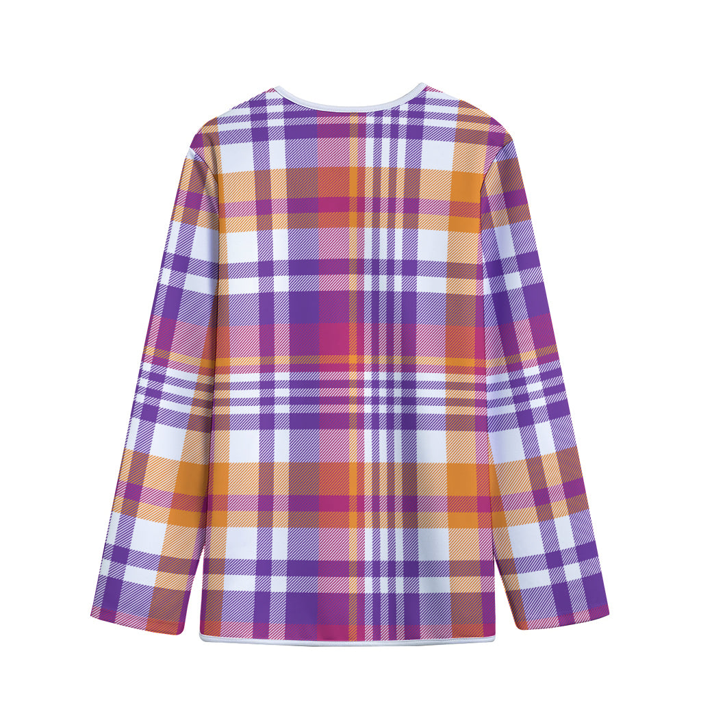 Purple And Orange Madras Plaid Print Long Sleeve Short Coat