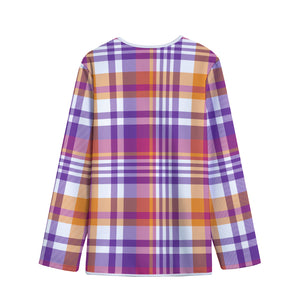 Purple And Orange Madras Plaid Print Long Sleeve Short Coat