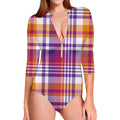 Purple And Orange Madras Plaid Print Long Sleeve Swimsuit