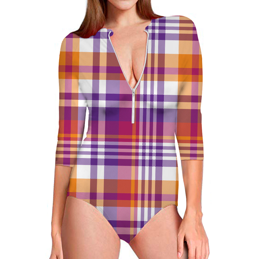 Purple And Orange Madras Plaid Print Long Sleeve Swimsuit