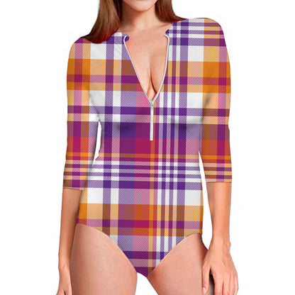 Purple And Orange Madras Plaid Print Long Sleeve Swimsuit