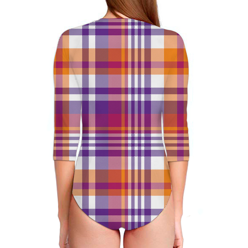 Purple And Orange Madras Plaid Print Long Sleeve Swimsuit