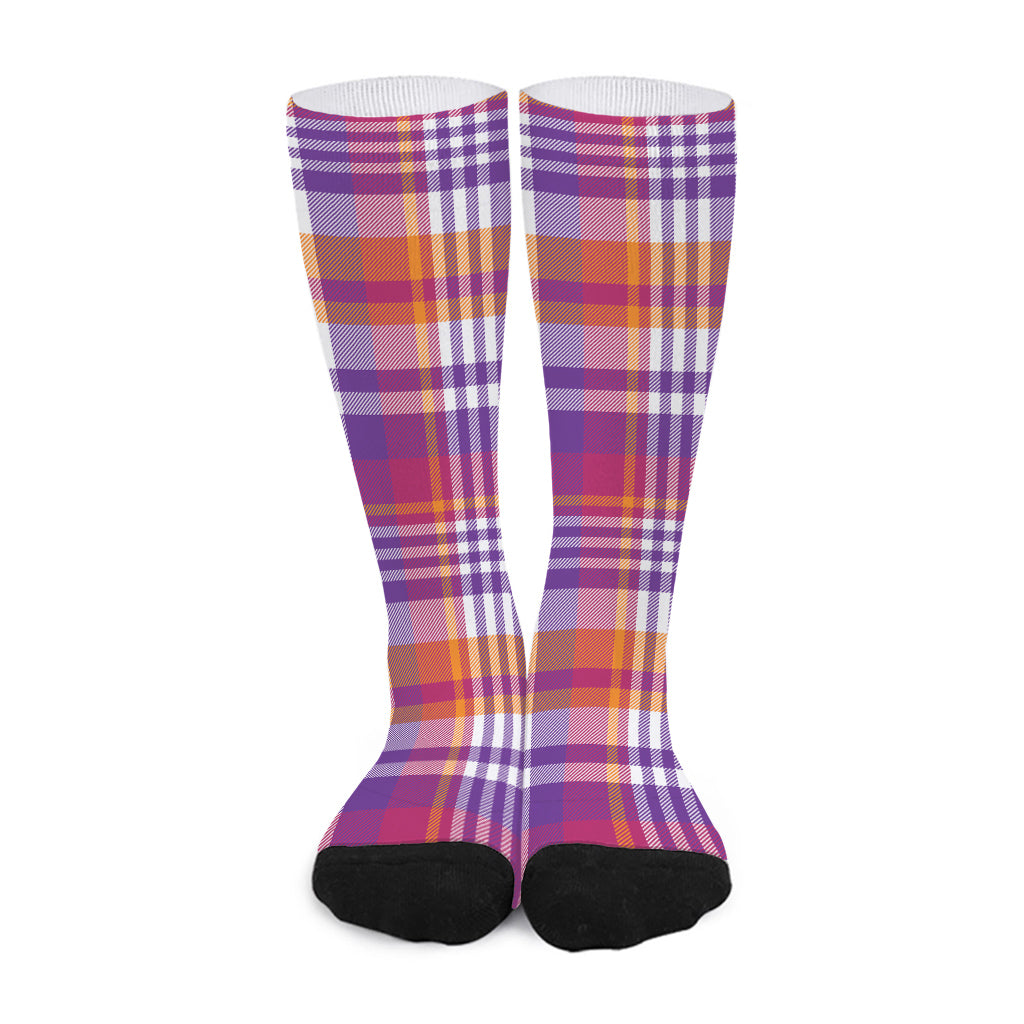 Purple And Orange Madras Plaid Print Long Socks