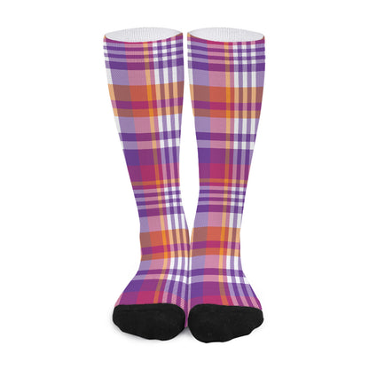 Purple And Orange Madras Plaid Print Long Socks