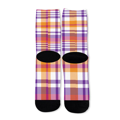 Purple And Orange Madras Plaid Print Long Socks