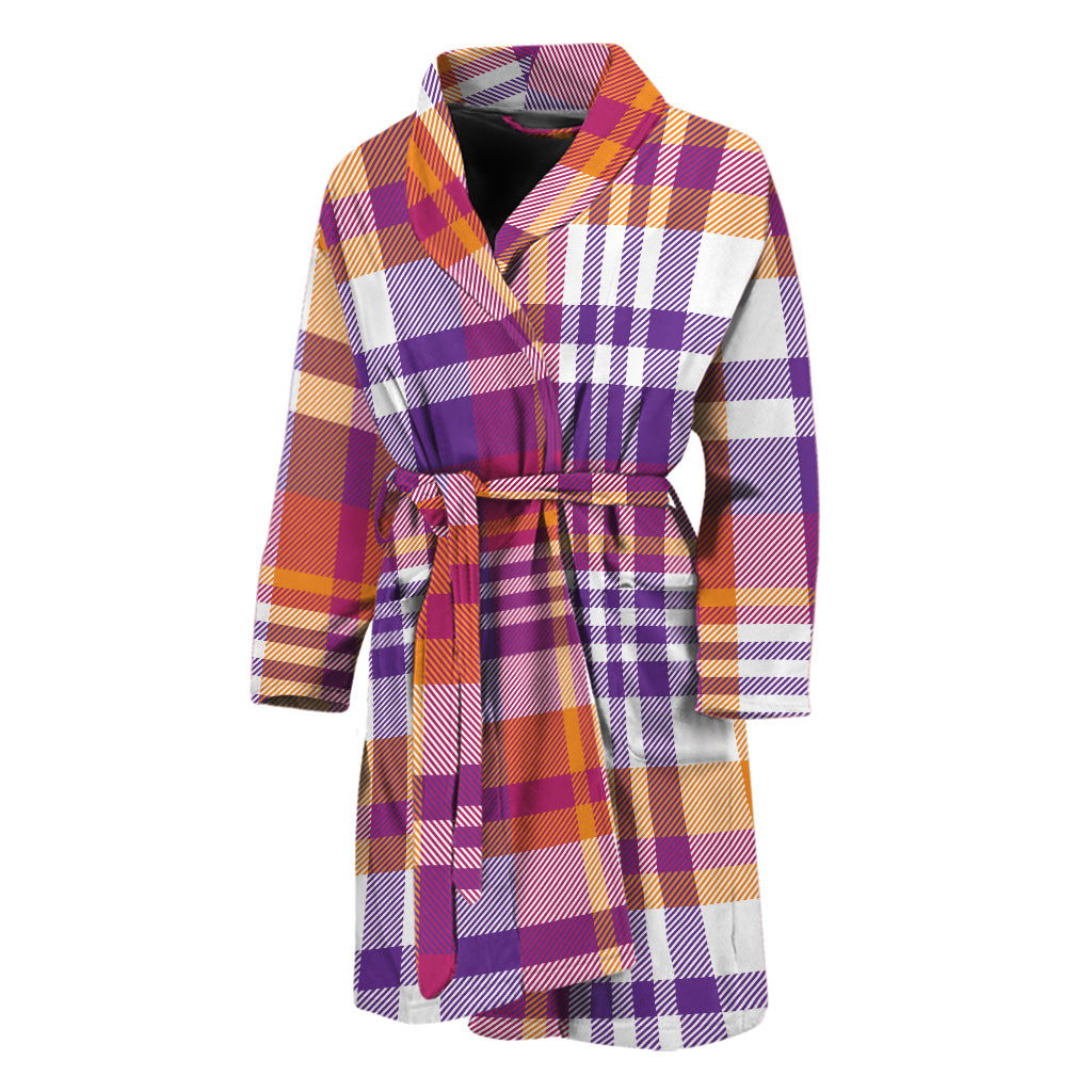 Purple And Orange Madras Plaid Print Men's Bathrobe