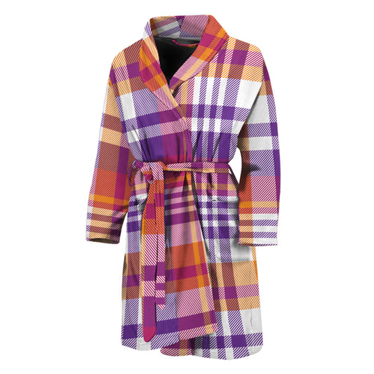 Purple And Orange Madras Plaid Print Men's Bathrobe