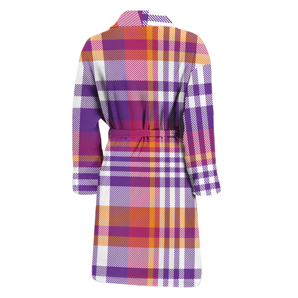 Purple And Orange Madras Plaid Print Men's Bathrobe