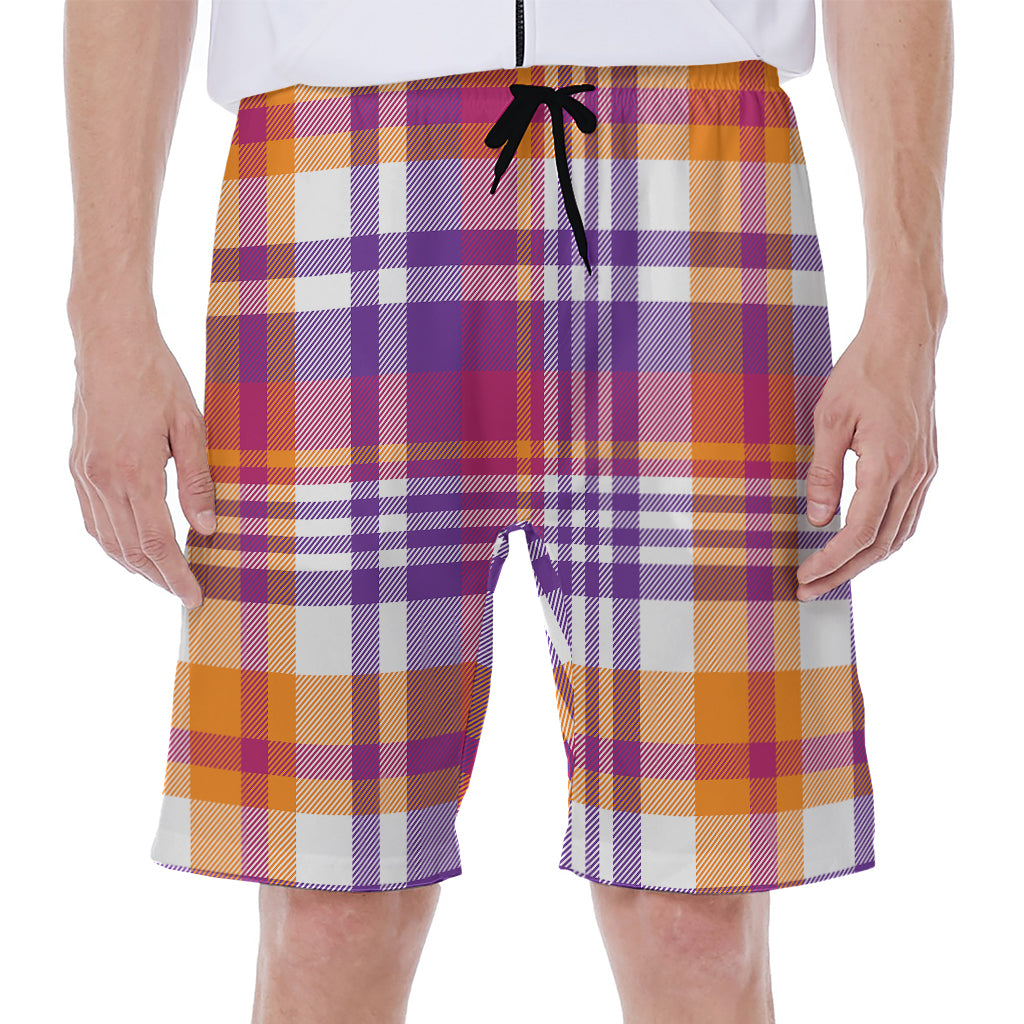 Purple And Orange Madras Plaid Print Men's Beach Shorts