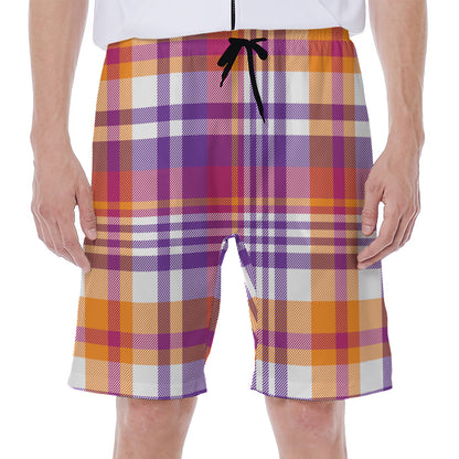 Purple And Orange Madras Plaid Print Men's Beach Shorts