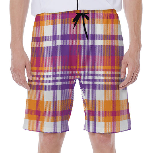 Purple And Orange Madras Plaid Print Men's Beach Shorts