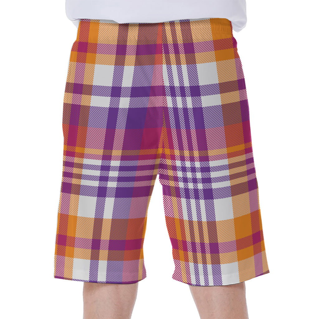 Purple And Orange Madras Plaid Print Men's Beach Shorts