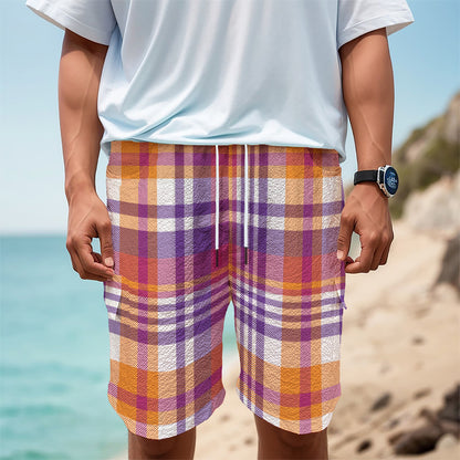 Purple And Orange Madras Plaid Print Men's Cargo Shorts