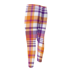 Purple And Orange Madras Plaid Print Men's Compression Pants