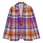 Purple And Orange Madras Plaid Print Men's Cotton Blazer