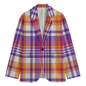 Purple And Orange Madras Plaid Print Men's Cotton Blazer