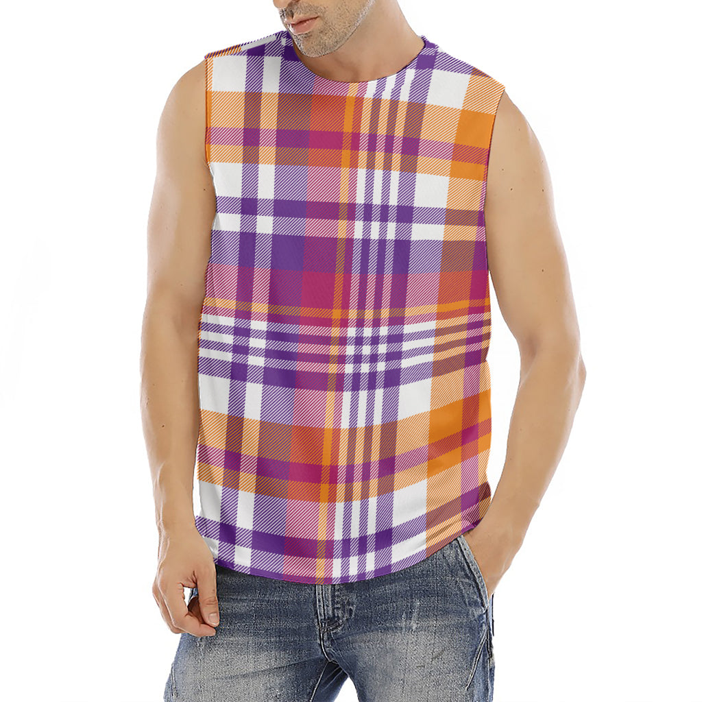 Purple And Orange Madras Plaid Print Men's Fitness Tank Top