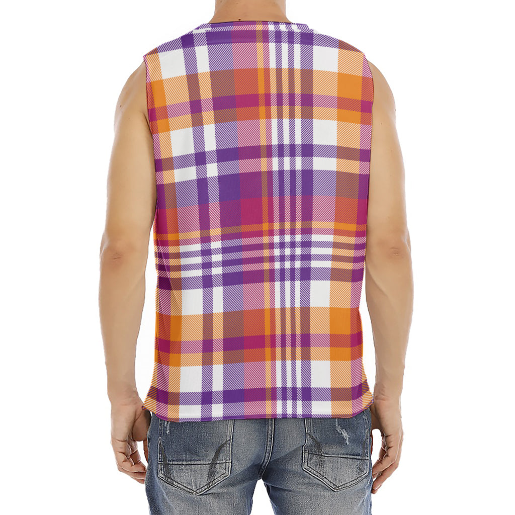 Purple And Orange Madras Plaid Print Men's Fitness Tank Top