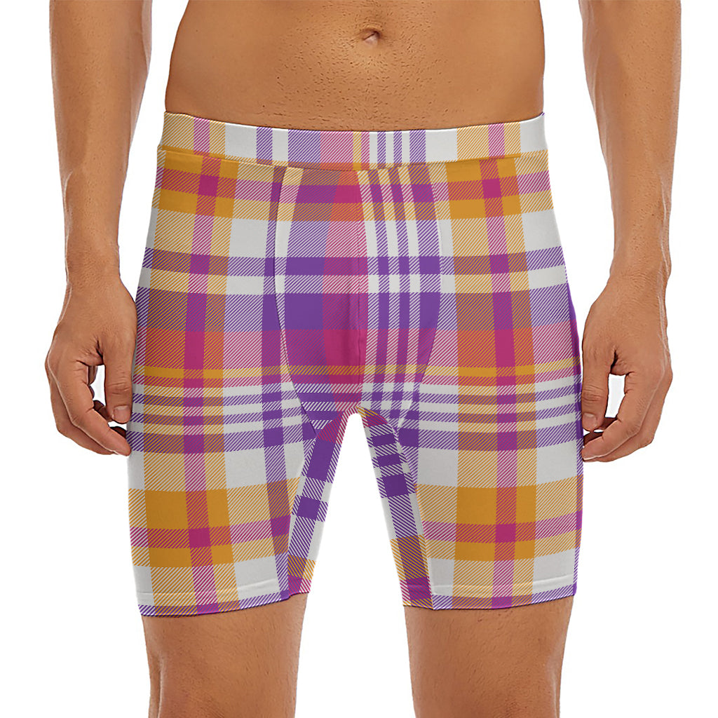 Purple And Orange Madras Plaid Print Men's Long Boxer Briefs