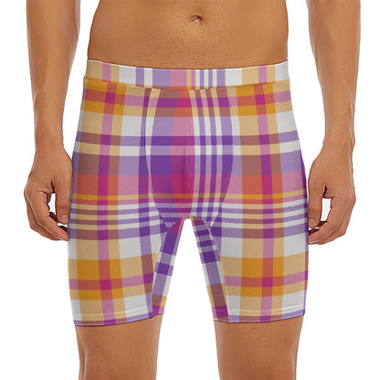 Purple And Orange Madras Plaid Print Men's Long Boxer Briefs
