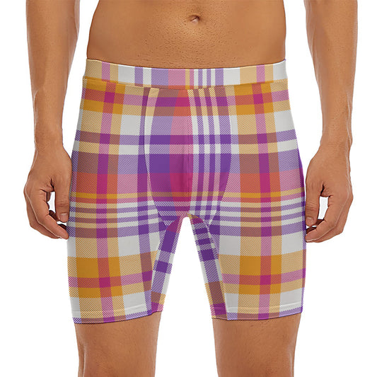Purple And Orange Madras Plaid Print Men's Long Boxer Briefs