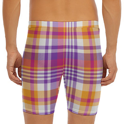 Purple And Orange Madras Plaid Print Men's Long Boxer Briefs