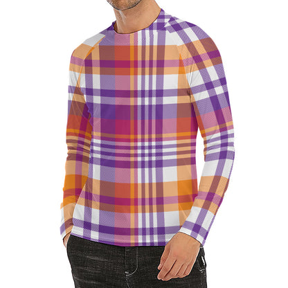 Purple And Orange Madras Plaid Print Men's Long Sleeve Rash Guard