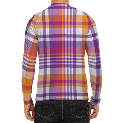 Purple And Orange Madras Plaid Print Men's Long Sleeve Rash Guard