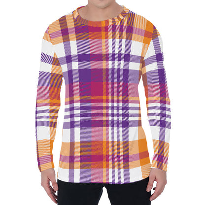 Purple And Orange Madras Plaid Print Men's Long Sleeve T-Shirt