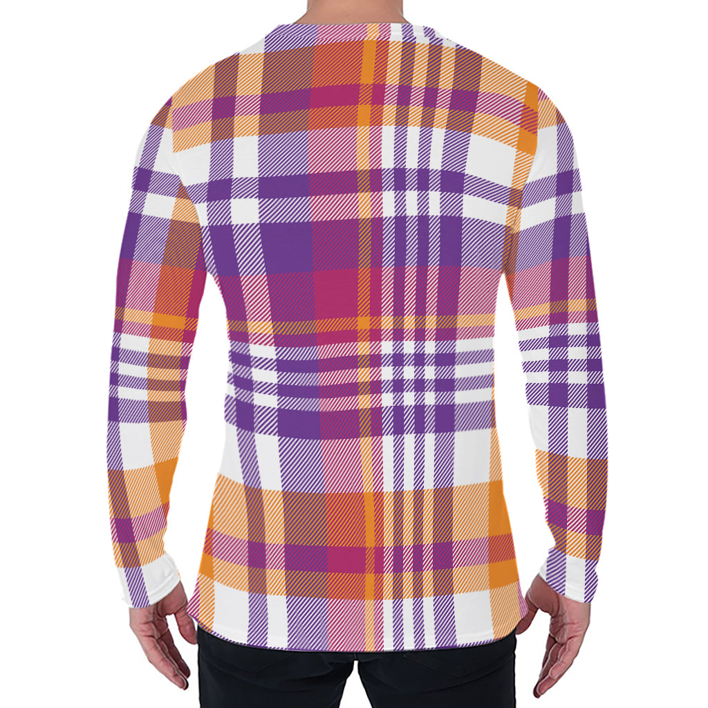 Purple And Orange Madras Plaid Print Men's Long Sleeve T-Shirt