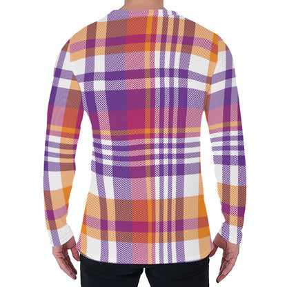 Purple And Orange Madras Plaid Print Men's Long Sleeve T-Shirt