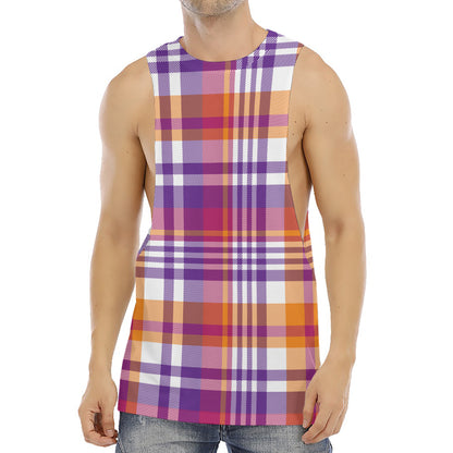 Purple And Orange Madras Plaid Print Men's Muscle Tank Top