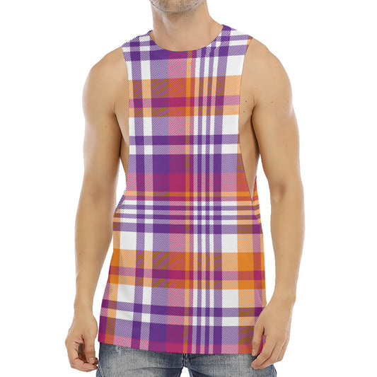 Purple And Orange Madras Plaid Print Men's Muscle Tank Top