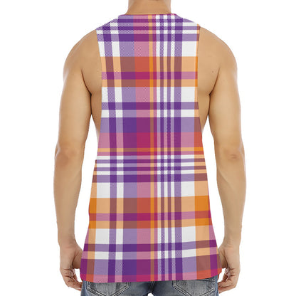 Purple And Orange Madras Plaid Print Men's Muscle Tank Top