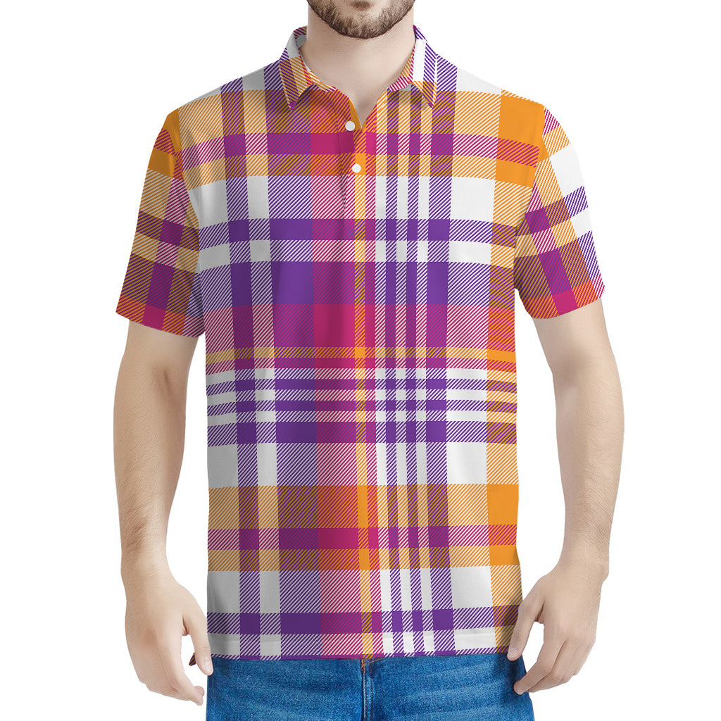Purple And Orange Madras Plaid Print Men's Polo Shirt