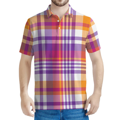 Purple And Orange Madras Plaid Print Men's Polo Shirt