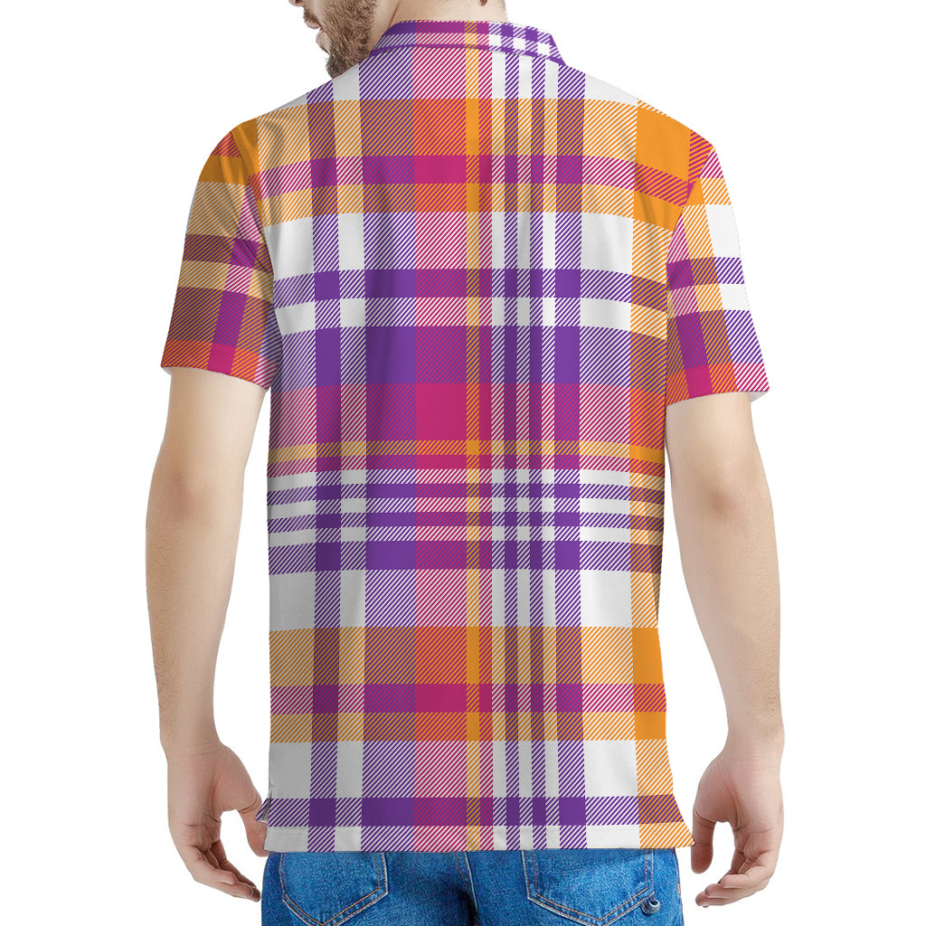 Purple And Orange Madras Plaid Print Men's Polo Shirt