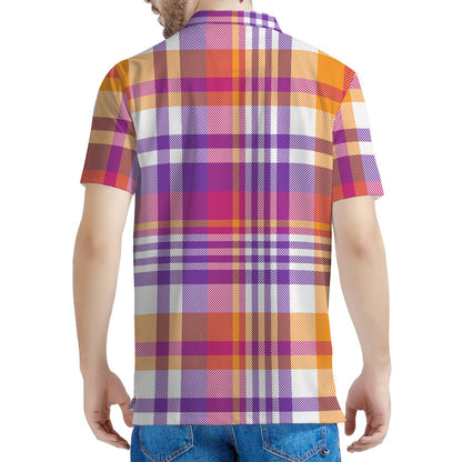 Purple And Orange Madras Plaid Print Men's Polo Shirt