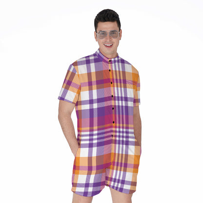 Purple And Orange Madras Plaid Print Men's Rompers