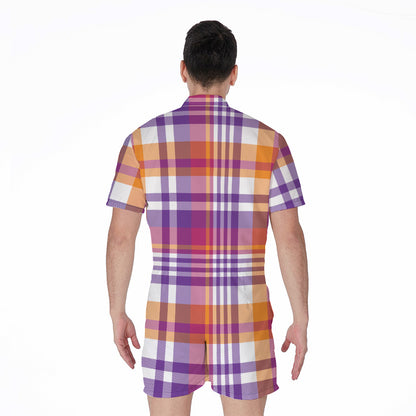 Purple And Orange Madras Plaid Print Men's Rompers
