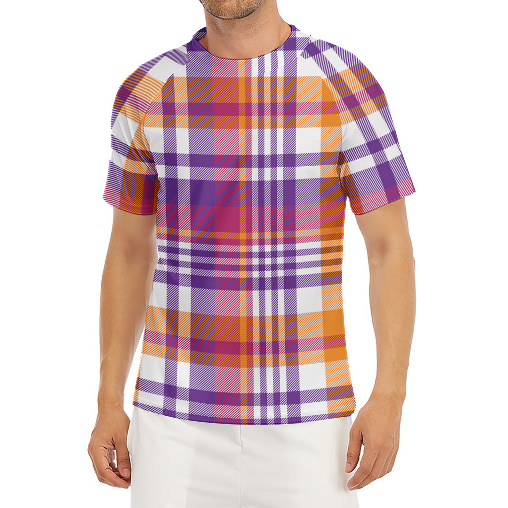 Purple And Orange Madras Plaid Print Men's Short Sleeve Rash Guard