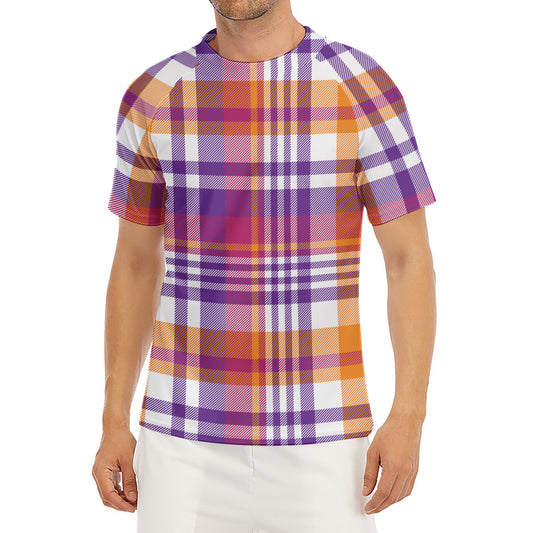 Purple And Orange Madras Plaid Print Men's Short Sleeve Rash Guard