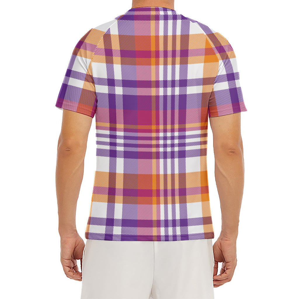 Purple And Orange Madras Plaid Print Men's Short Sleeve Rash Guard