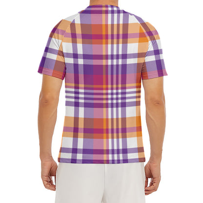 Purple And Orange Madras Plaid Print Men's Short Sleeve Rash Guard