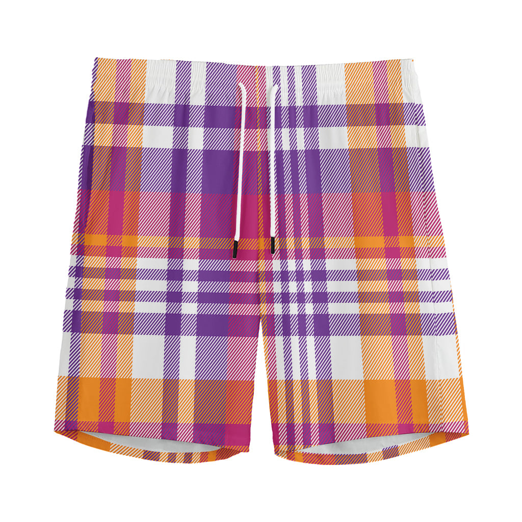 Purple And Orange Madras Plaid Print Men's Sports Shorts