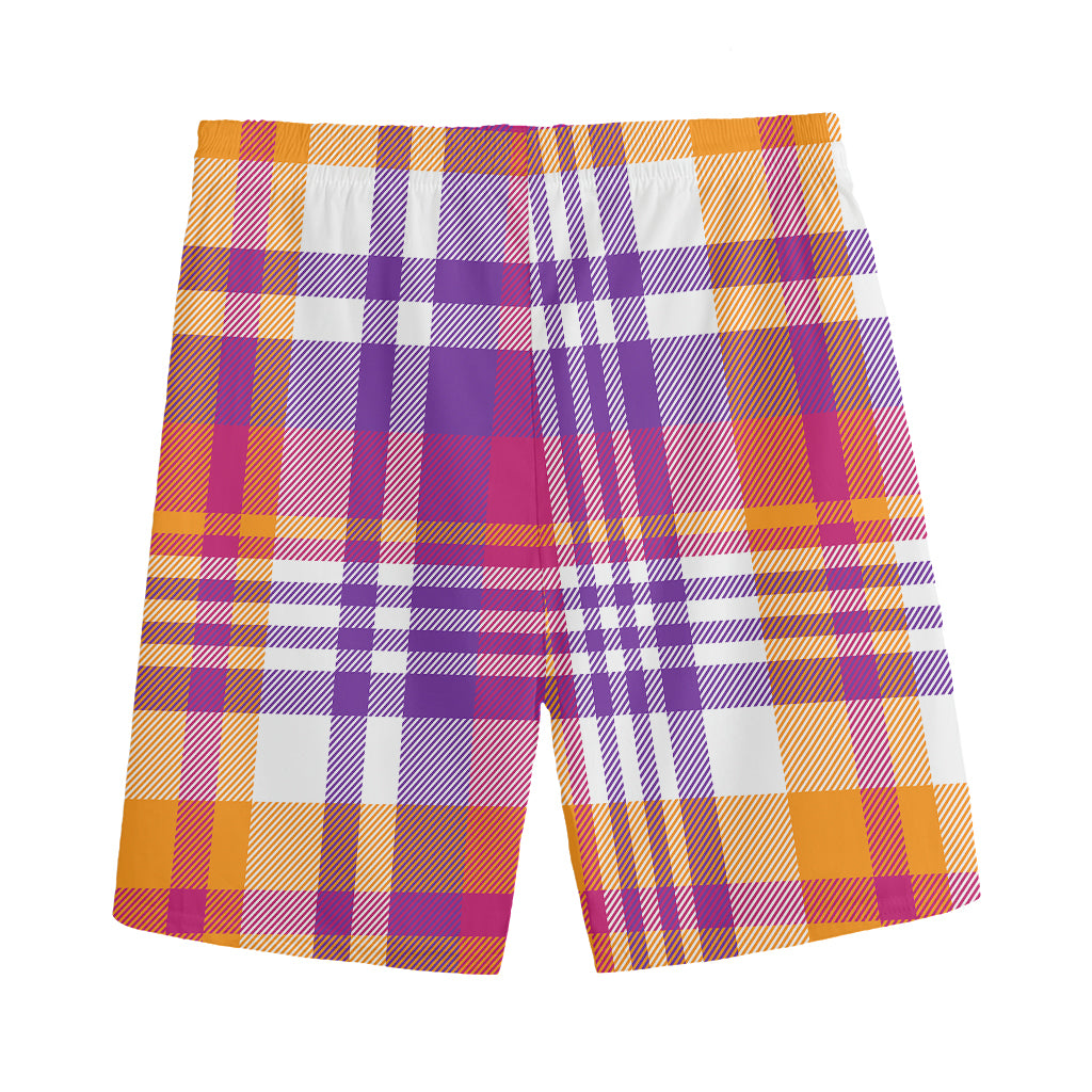Purple And Orange Madras Plaid Print Men's Sports Shorts